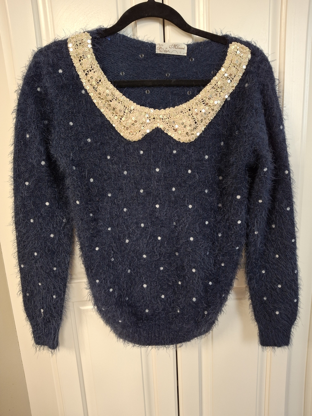 Vintage Navy Fuzzy Sweater with Embellished Gold Peter Pan Collar